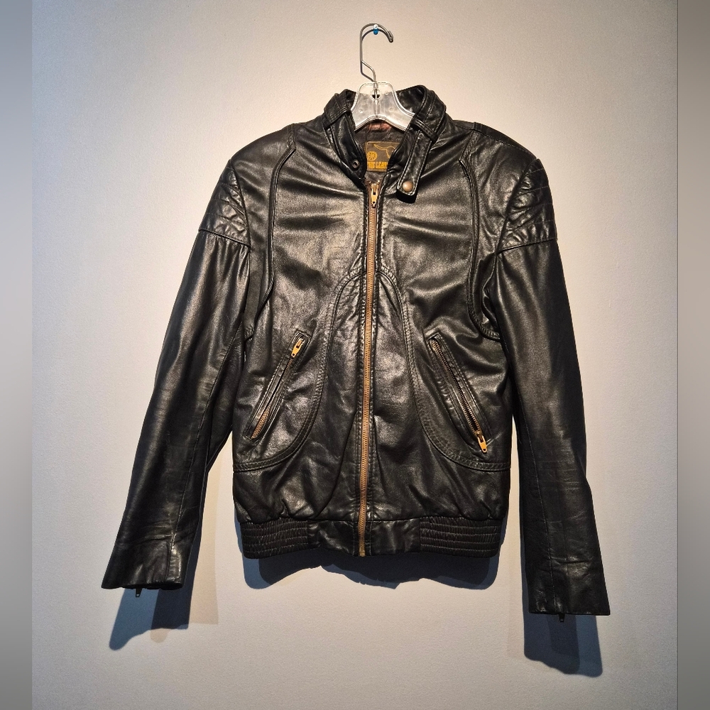 Vintage Black Leather Performance Jacket with Gold Zippers